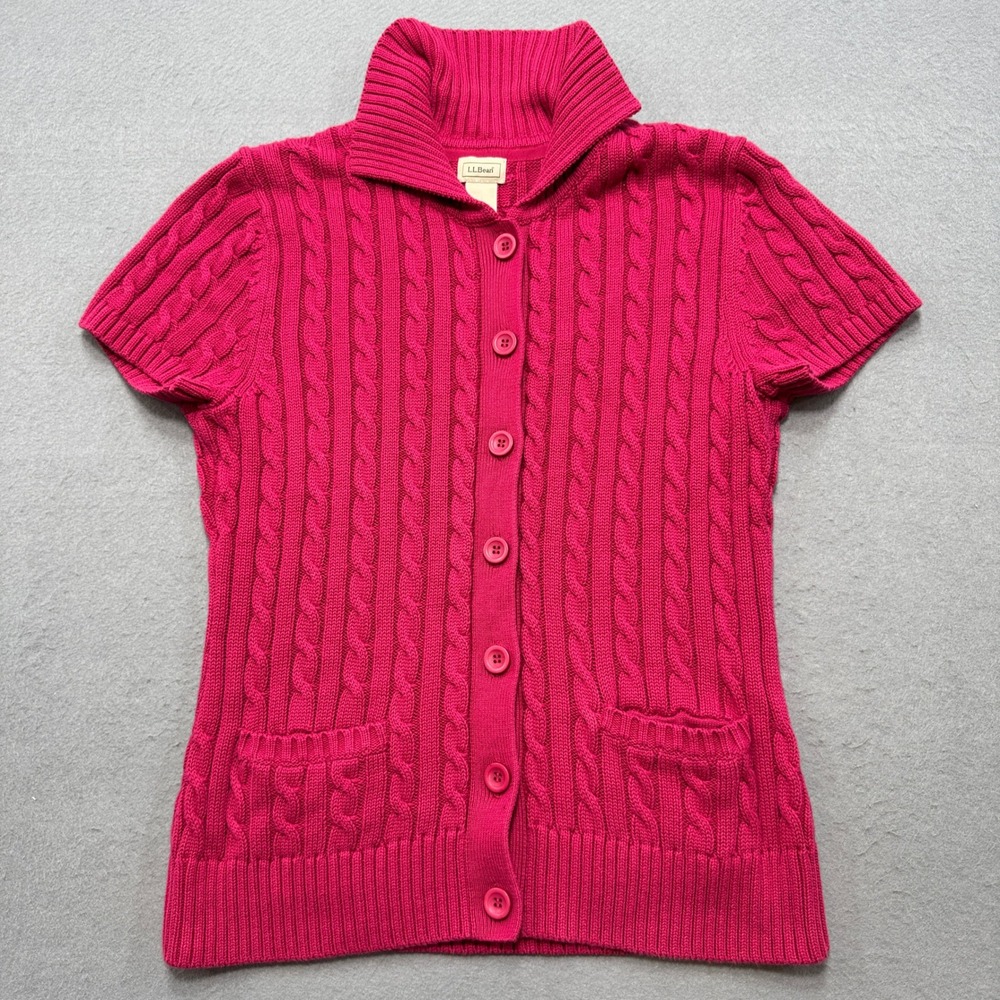 L.L. Bean Cardigan Sweater Women's Medium Pink‎ Cable Knit Short Sleeve Cotton